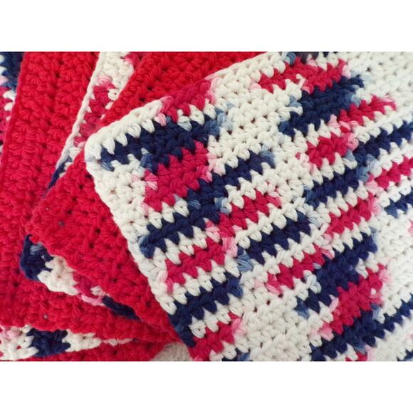 (6) Handmade Crocheted Dishcloths Washcloths 100% Cotton 8" x 8" Red White Blue - Picture 2 of 3